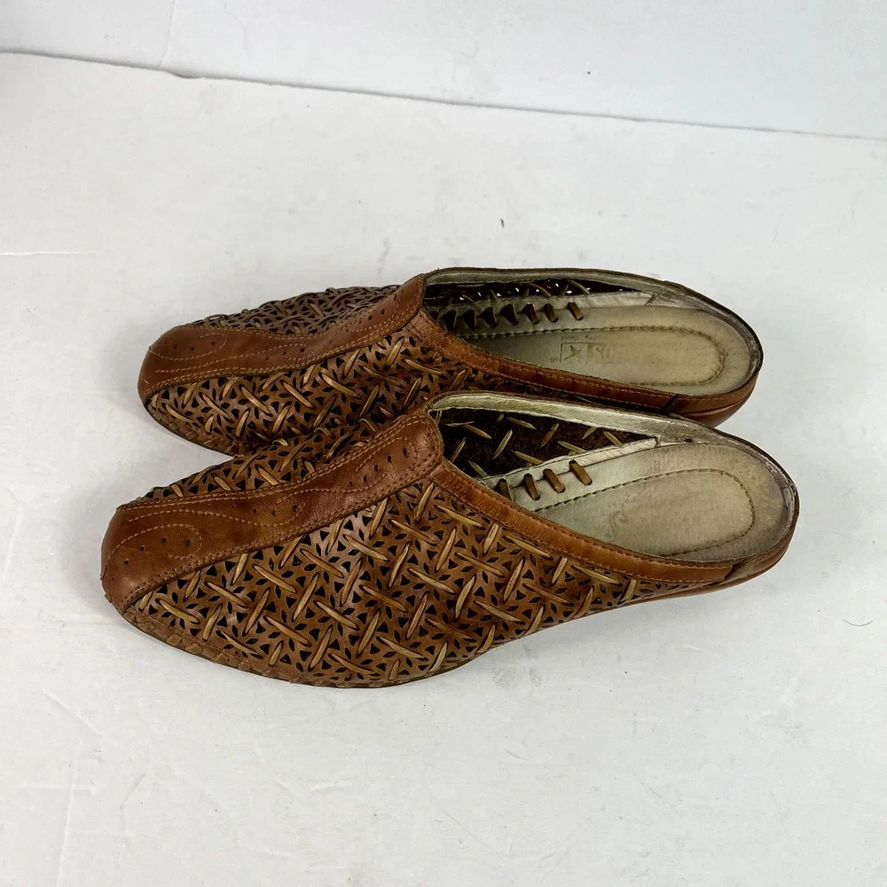 Pikolinos Shoes Womens 8 Mules Romana Brown Weave Leather Laser Cut